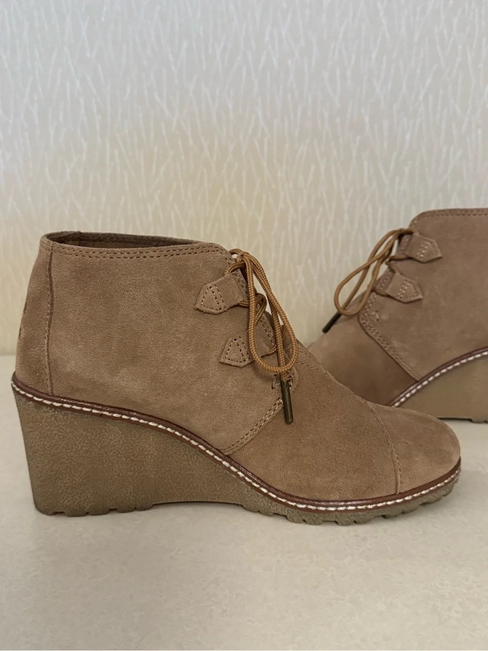 Toms - Tan Suede, Gum Sole Wedge Lace-Up Booties